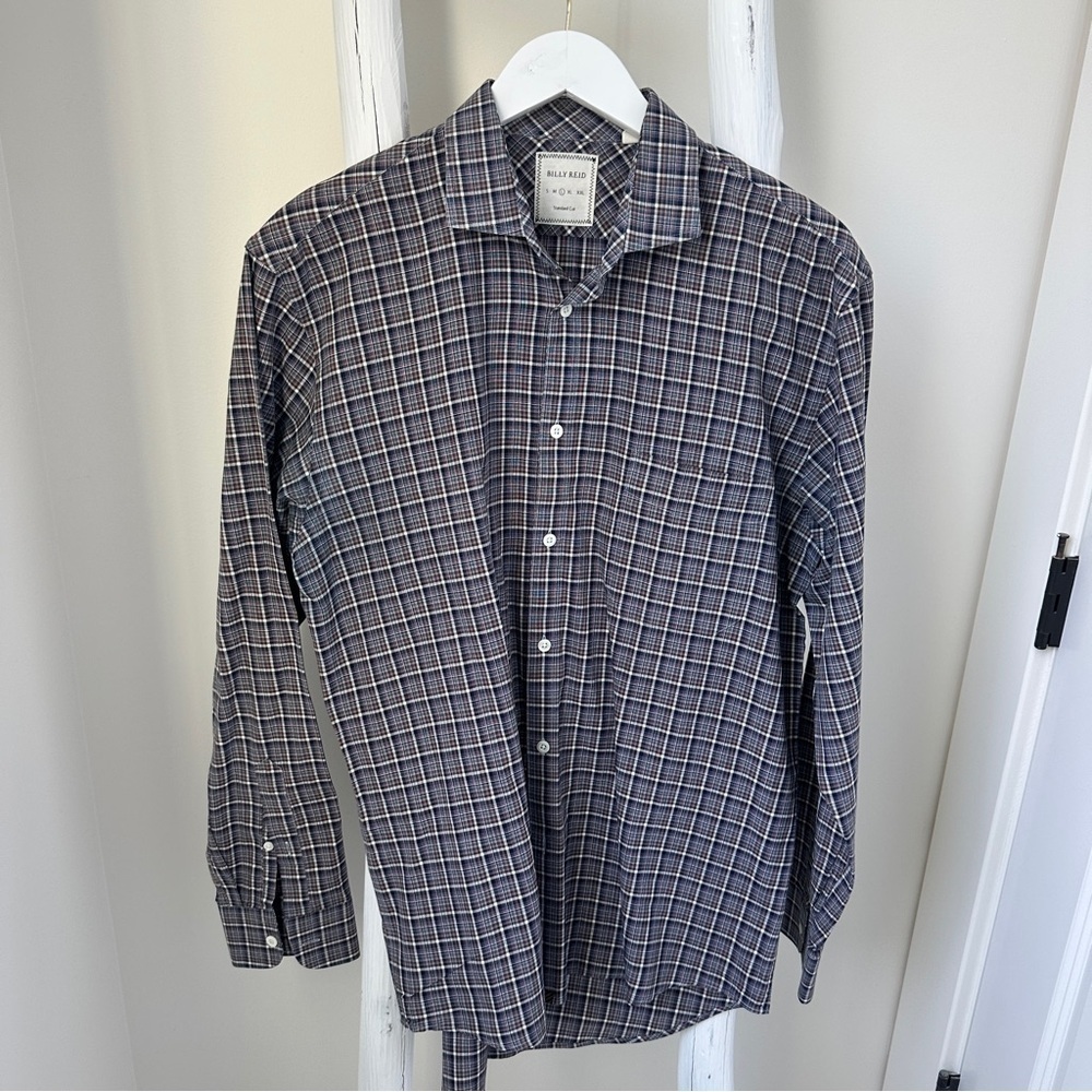 Billy Reid Men's Plaid Shirt - Blue and White SZ Large